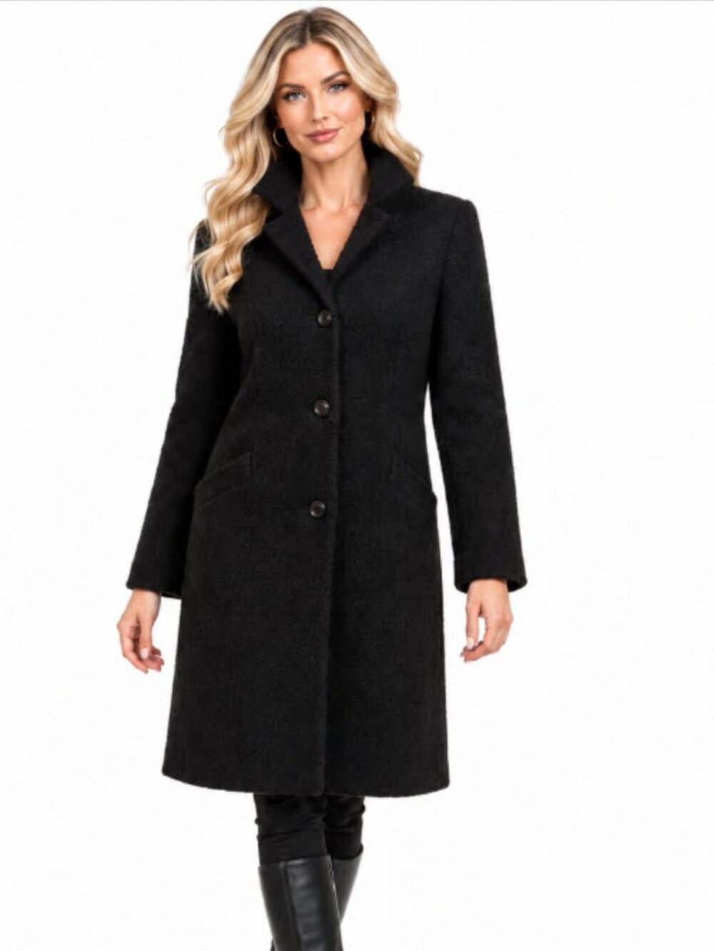 Donnybrook Black Bouclé Wool Pea Coat Textured Size 8 luxurious Designer Chic